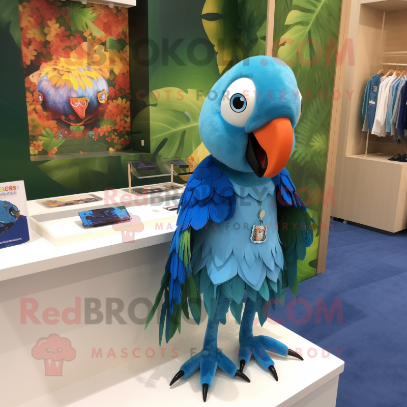 Cyan Macaw mascot costume character dressed with a Mini Skirt and Brooches