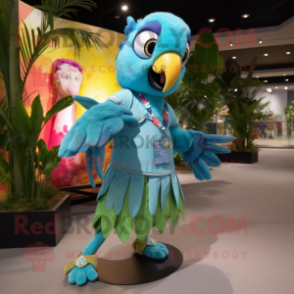 Cyan Macaw mascot costume character dressed with a Mini Skirt and Brooches