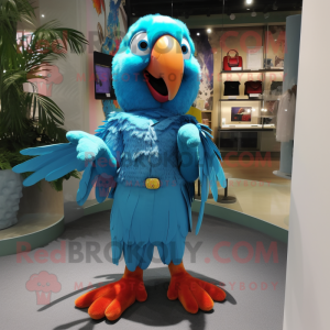 Cyan Macaw mascot costume character dressed with a Mini Skirt and Brooches