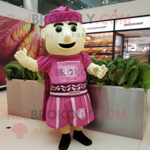 Pink Caesar Salad mascot costume character dressed with a Graphic Tee and Cummerbunds