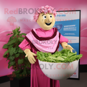 Pink Caesar Salad mascot costume character dressed with a Graphic Tee and Cummerbunds