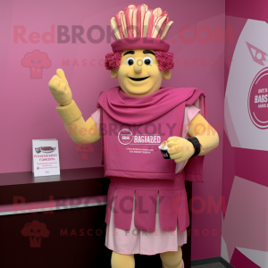 Pink Caesar Salad mascot costume character dressed with a Graphic Tee and Cummerbunds