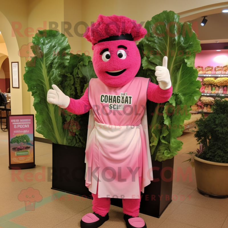 Pink Caesar Salad mascot costume character dressed with a Graphic Tee and Cummerbunds Pink Caesar Salad mascot costume character dressed with a Graphic Tee and Cummerbunds