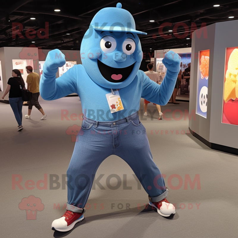 Sky Blue Grenade mascot costume character dressed with a Boyfriend Jeans and Cufflinks