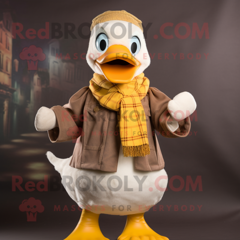Beige Duck mascot costume character dressed with a Dungarees and Scarves Beige Duck mascot costume character dressed with a Dungarees and Scarves