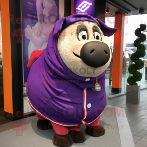 Purple Beef Wellington mascot costume character dressed with a Windbreaker and Scarf clips