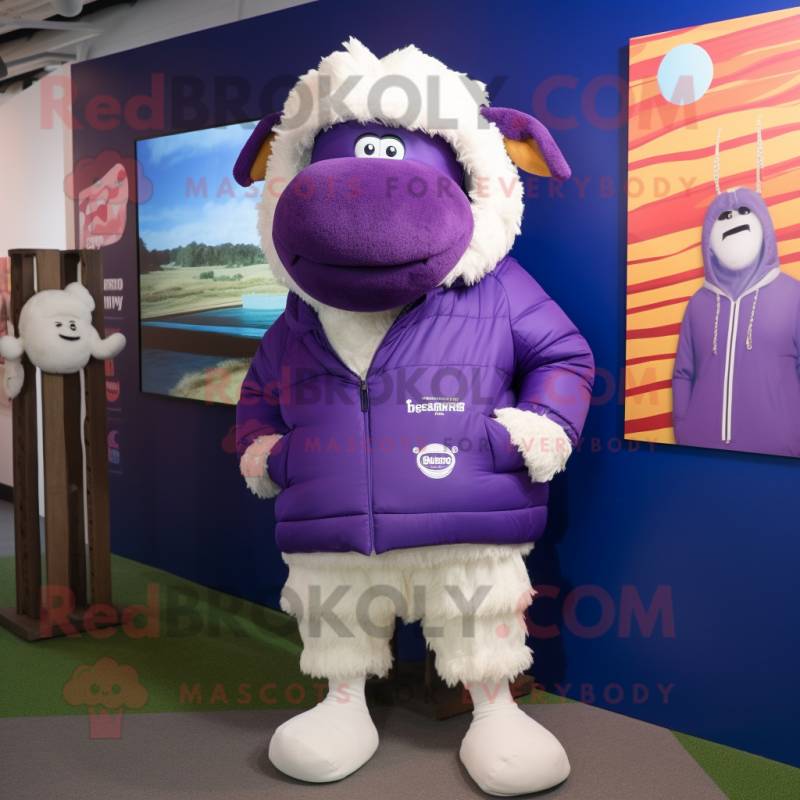 Purple Beef Wellington mascot costume character dressed with a Windbreaker and Scarf clips