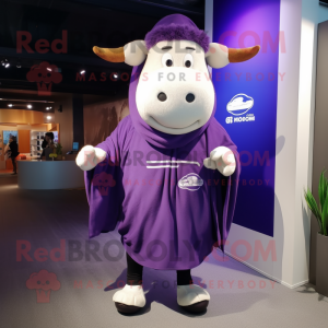 Purple Beef Wellington mascot costume character dressed with a Windbreaker and Scarf clips