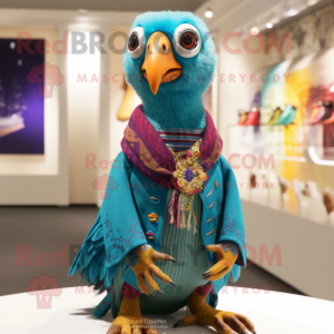 Turquoise Pheasant mascot costume character dressed with a Cardigan and Bracelets