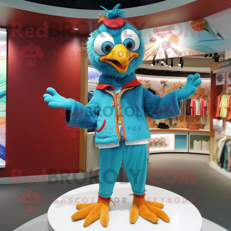 Turquoise Pheasant mascot costume character dressed with a Cardigan and Bracelets