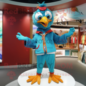 Turquoise Pheasant mascot costume character dressed with a Cardigan and Bracelets