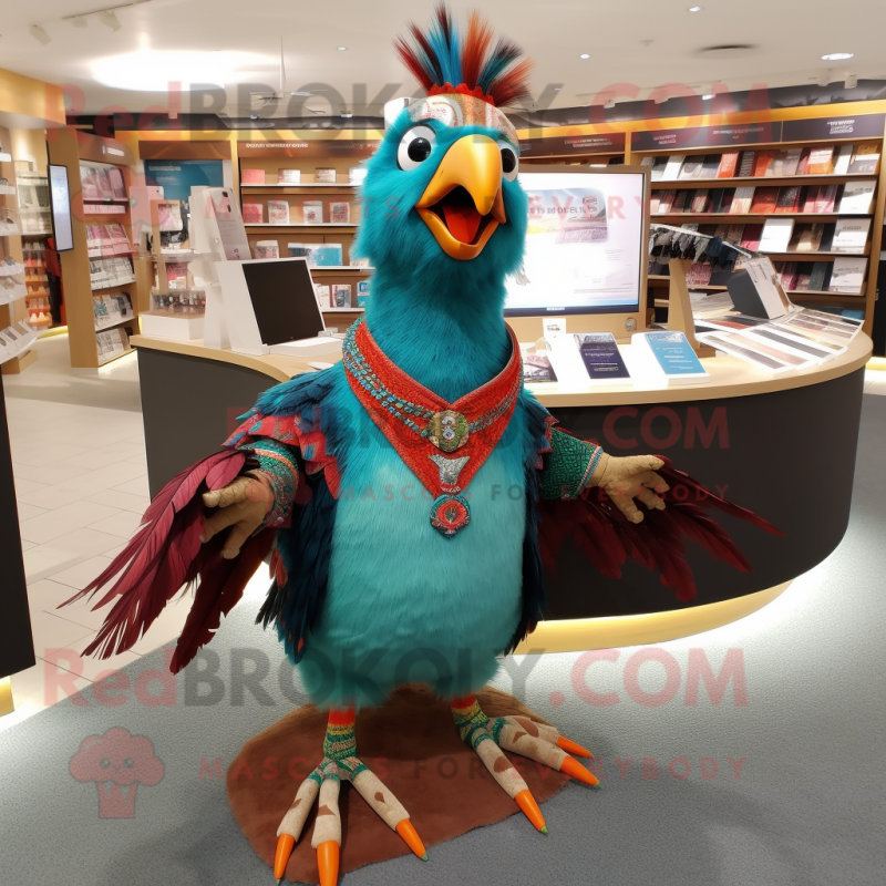 Turquoise Pheasant mascot costume character dressed with a Cardigan and Bracelets