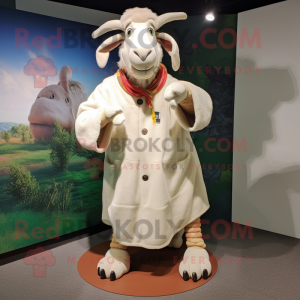 Beige Boer Goat mascot costume character dressed with a Cardigan and Foot pads
