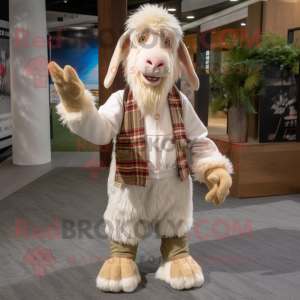 Beige Boer Goat mascot costume character dressed with a Cardigan and Foot pads