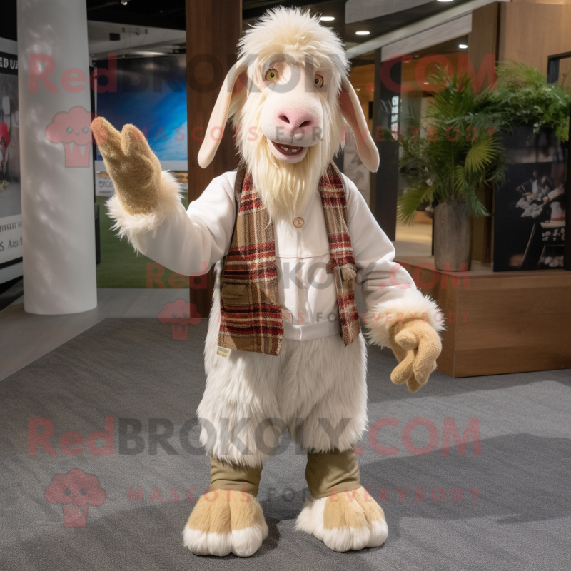 Beige Boer Goat mascot costume character dressed with a Cardigan and Foot pads Beige Boer Goat mascot costume character dressed with a Cardigan and Foot pads