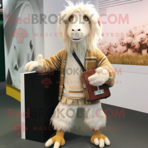Beige Boer Goat mascot costume character dressed with a Cardigan and Foot pads