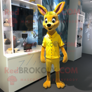 Yellow Roe Deer mascot costume character dressed with a Bermuda Shorts and Cufflinks