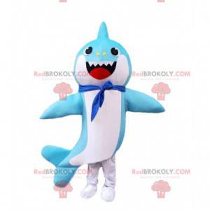 Blue and white shark costume with a scarf around the neck -