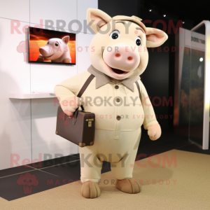 Beige Pig mascot costume character dressed with a Culottes and Briefcases