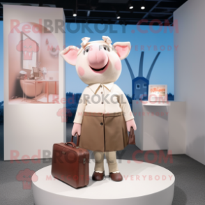 Beige Pig mascot costume character dressed with a Culottes and Briefcases