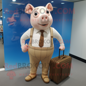 Beige Pig mascot costume character dressed with a Culottes and Briefcases
