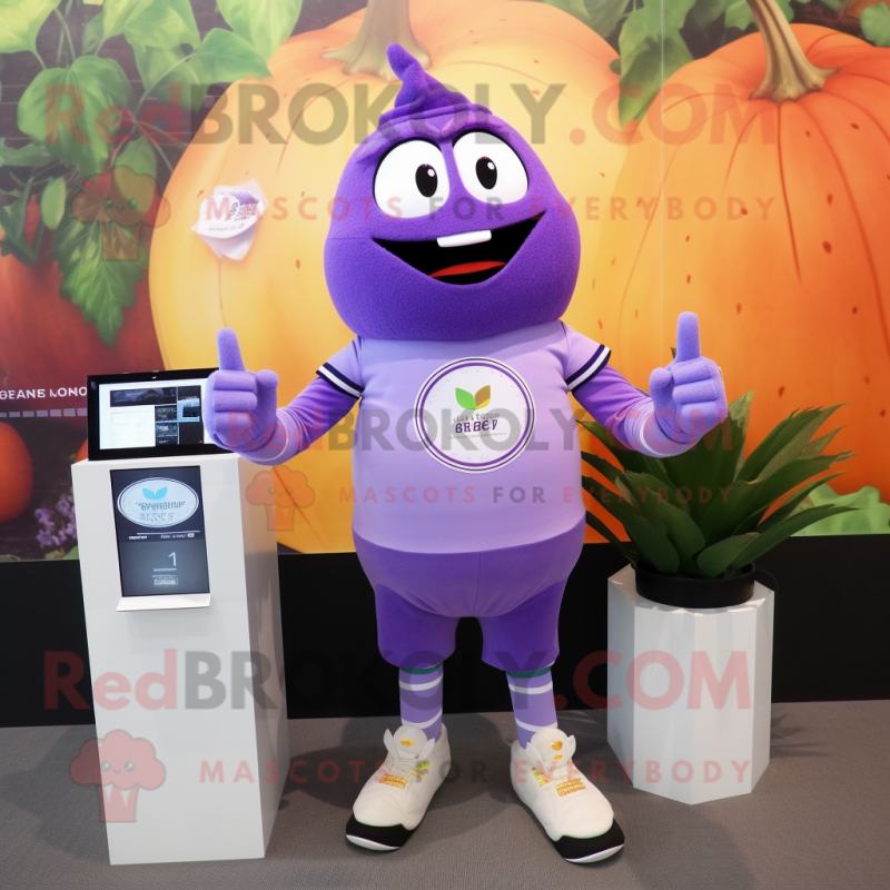 Lavender Squash mascot costume character dressed with a Graphic Tee and Digital watches Lavender Squash mascot costume character dressed with a Graphic Tee and Digital watches
