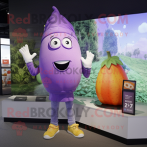 Lavender Squash mascot costume character dressed with a Graphic Tee and Digital watches