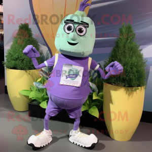 Lavender Squash mascot costume character dressed with a Graphic Tee and Digital watches