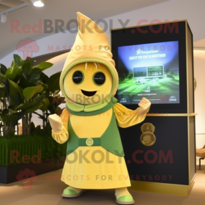Gold Spinach mascot costume character dressed with a Cover-up and Digital watches