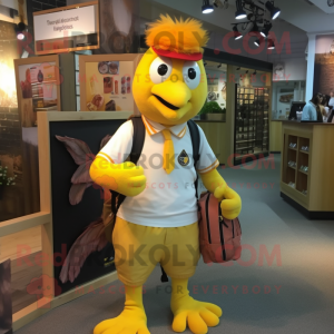 Yellow Butter Chicken mascot costume character dressed with a Oxford Shirt and Backpacks