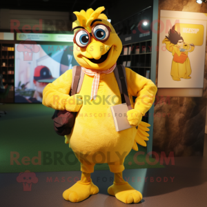 Yellow Butter Chicken mascot costume character dressed with a Oxford Shirt and Backpacks