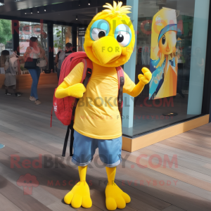 Yellow Butter Chicken mascot costume character dressed with a Oxford Shirt and Backpacks