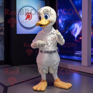 White Gosling mascot costume character dressed with a T-Shirt and Smartwatches