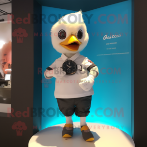 White Gosling mascot costume character dressed with a T-Shirt and Smartwatches