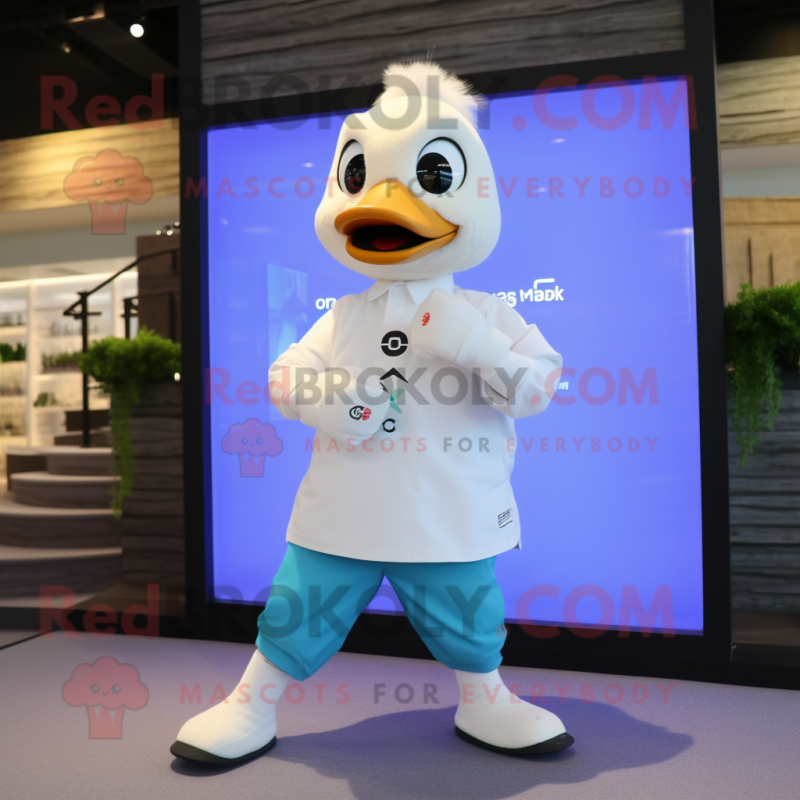 White Gosling mascot costume character dressed with a T-Shirt and Smartwatches