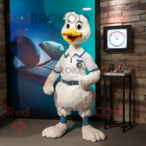 White Gosling mascot costume character dressed with a T-Shirt and Smartwatches