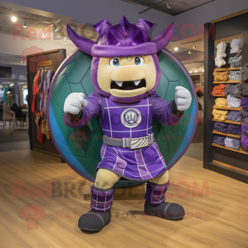 Purple Celtic Shield mascot costume character dressed with a Joggers and Bow ties Purple Celtic Shield mascot costume character dressed with a Joggers and Bow ties