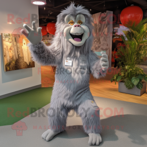Silver Orangutan mascot costume character dressed with a Overalls and Hairpins
