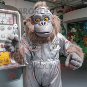 Silver Orangutan mascot costume character dressed with a Overalls and Hairpins