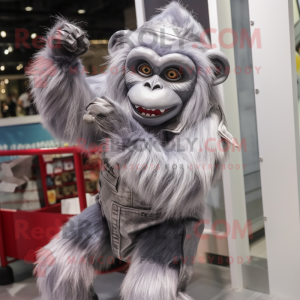 Silver Orangutan mascot costume character dressed with a Overalls and Hairpins