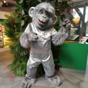 Silver Orangutan mascot costume character dressed with a Overalls and Hairpins