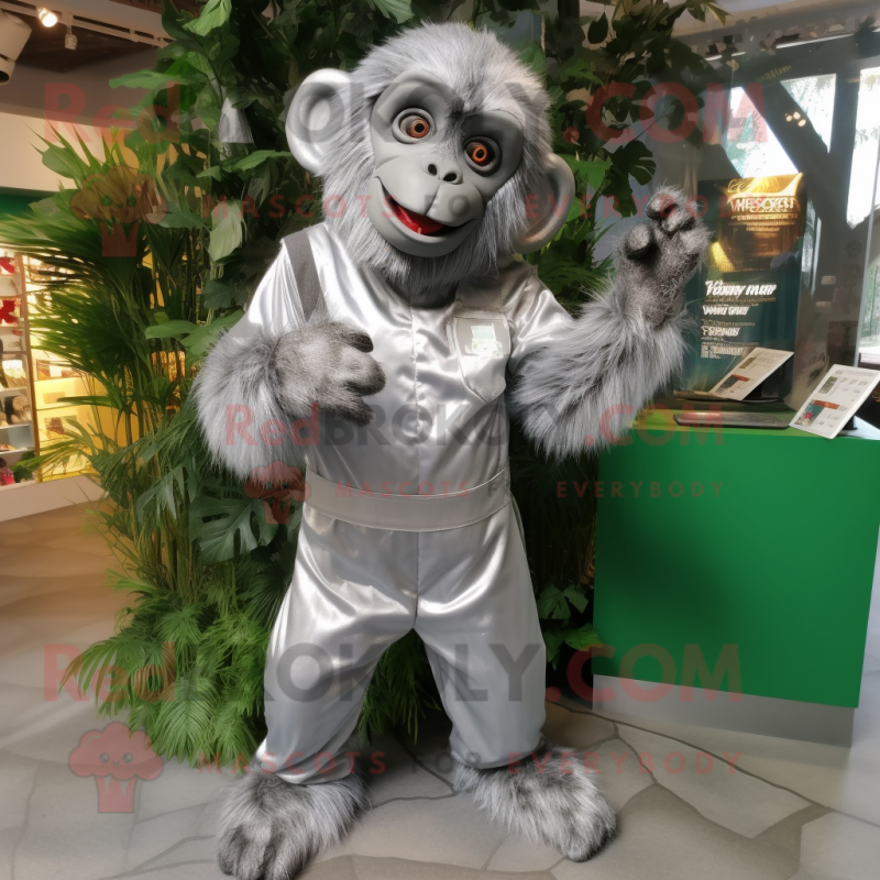Silver Orangutan mascot costume character dressed with a Overalls and Hairpins Silver Orangutan mascot costume character dressed with a Overalls and Hairpins