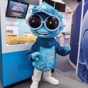 Blue Fish And Chips mascot costume character dressed with a Cover-up and Eyeglasses