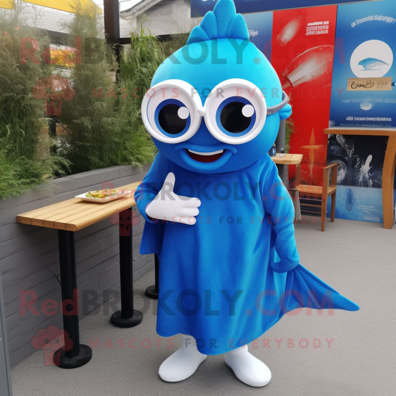 Blue Fish And Chips mascot costume character dressed with a Cover-up and Eyeglasses Blue Fish And Chips mascot costume character dressed with a Cover-up and Eyeglasses