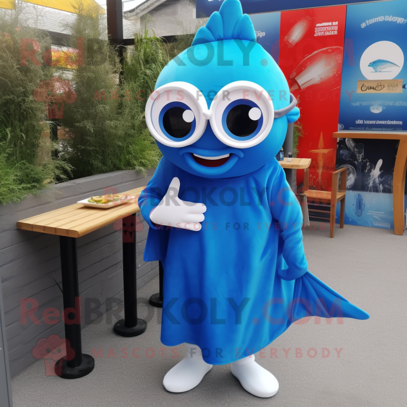 Blue Fish And Chips mascot costume character dressed with a Cover-up and Eyeglasses