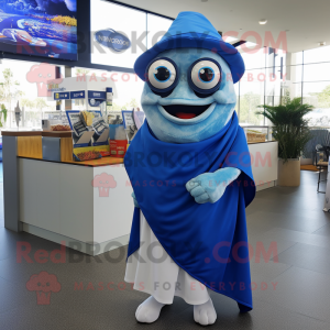 Blue Fish And Chips mascot costume character dressed with a Cover-up and Eyeglasses