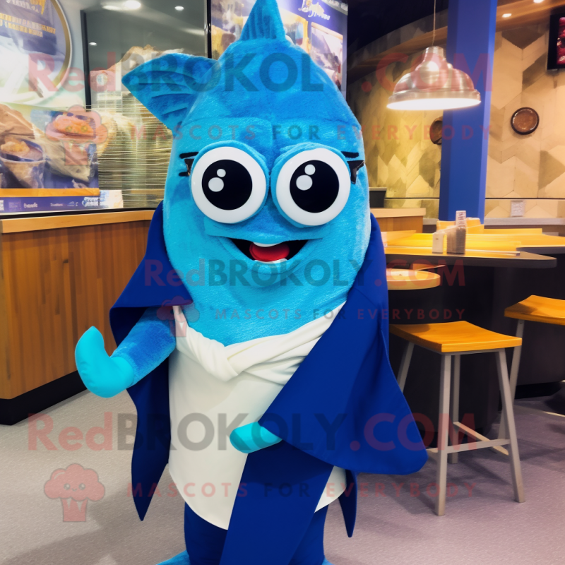 Blue Fish And Chips mascot costume character dressed with a Cover-up and Eyeglasses Blue Fish And Chips mascot costume character dressed with a Cover-up and Eyeglasses