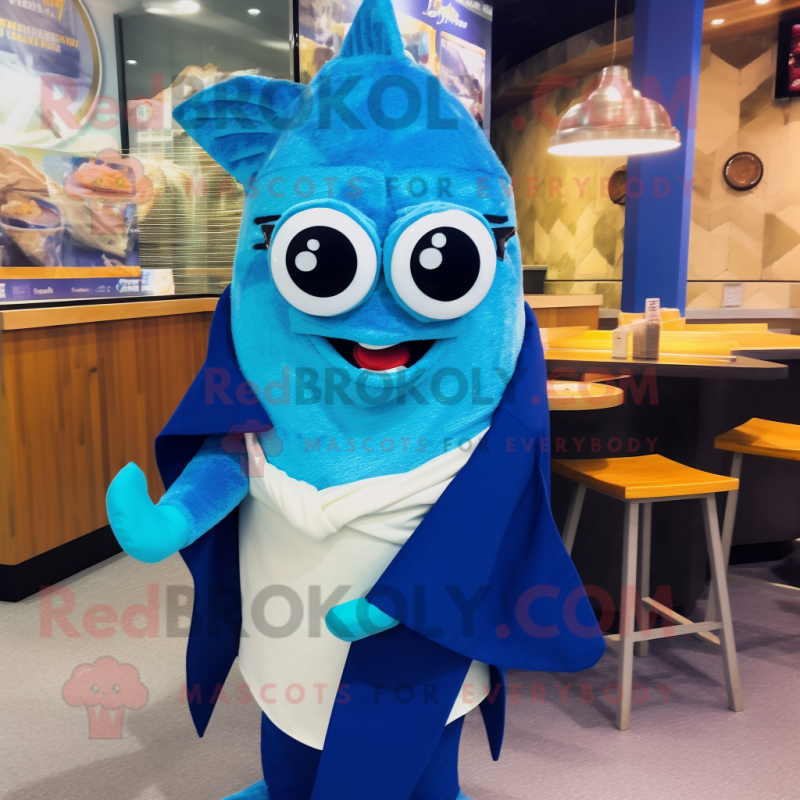 Blue Fish And Chips mascot costume character dressed with a Cover-up and Eyeglasses