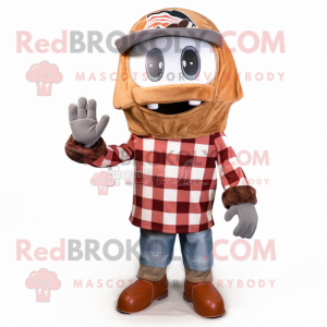 Rust American Football Helmet mascot costume character dressed with a Flannel Shirt and Shawl pins