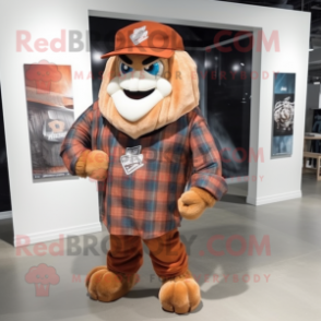 Rust American Football Helmet mascot costume character dressed with a Flannel Shirt and Shawl pins